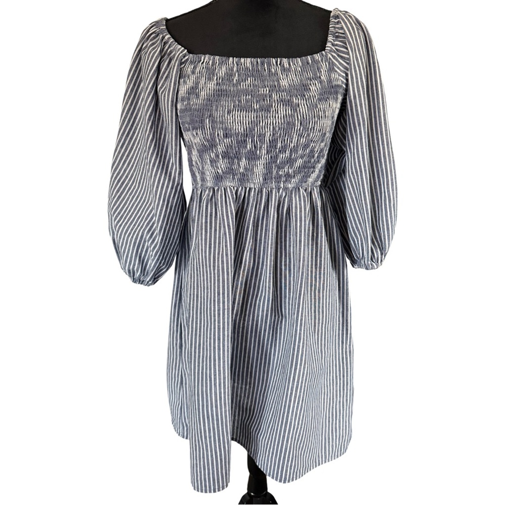 BIBI Blue & White Striped‎ Smocked Puff Sleeve Dress – Large